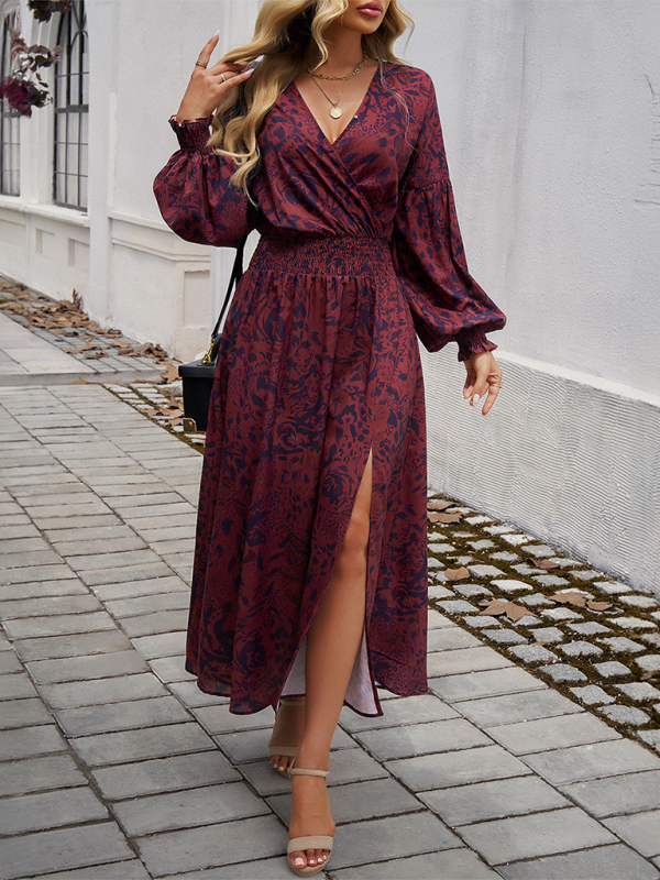 Maxi Dress- Floral Long Sleeve Surplice V-Neck Maxi Dress