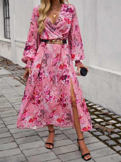 Maxi Dress- Floral Long Sleeve Surplice V-Neck Maxi Dress