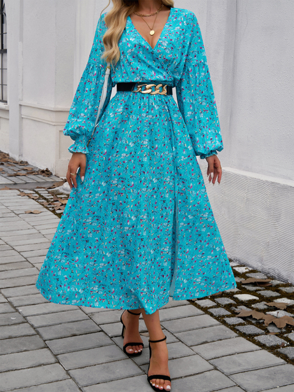 Maxi Dress- Floral Long Sleeve Surplice V-Neck Maxi Dress