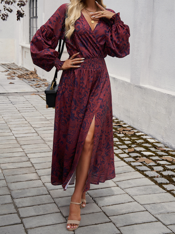 Maxi Dress- Floral Long Sleeve Surplice V-Neck Maxi Dress