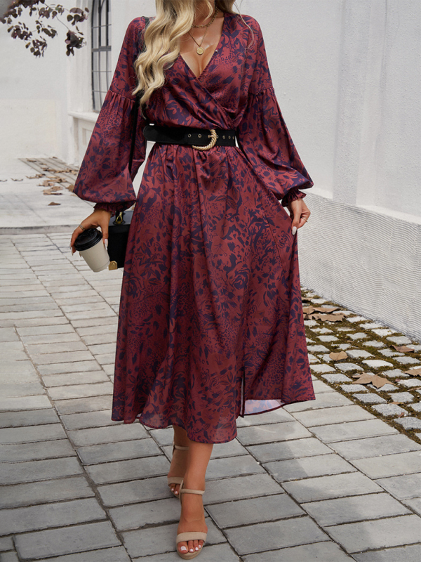 Maxi Dress- Floral Long Sleeve Surplice V-Neck Maxi Dress