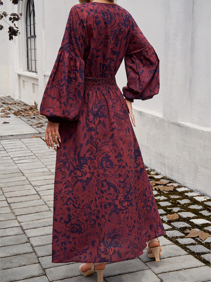 Maxi Dress- Floral Long Sleeve Surplice V-Neck Maxi Dress