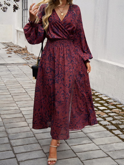 Maxi Dress- Floral Long Sleeve Surplice V-Neck Maxi Dress