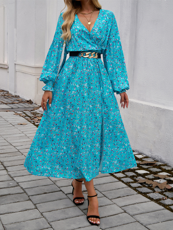 Maxi Dress- Floral Long Sleeve Surplice V-Neck Maxi Dress