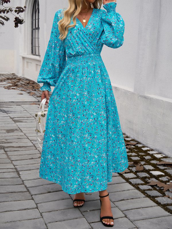 Maxi Dress- Floral Long Sleeve Surplice V-Neck Maxi Dress