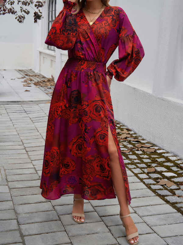 Maxi Dress- Floral Long Sleeve Surplice V-Neck Maxi Dress