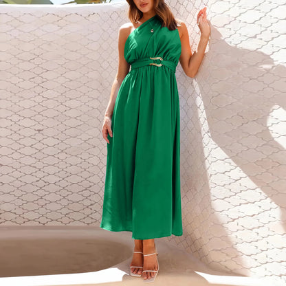 Maxi Dresses - Asymmetric Long Dress Cinched Waist and Sleeveless