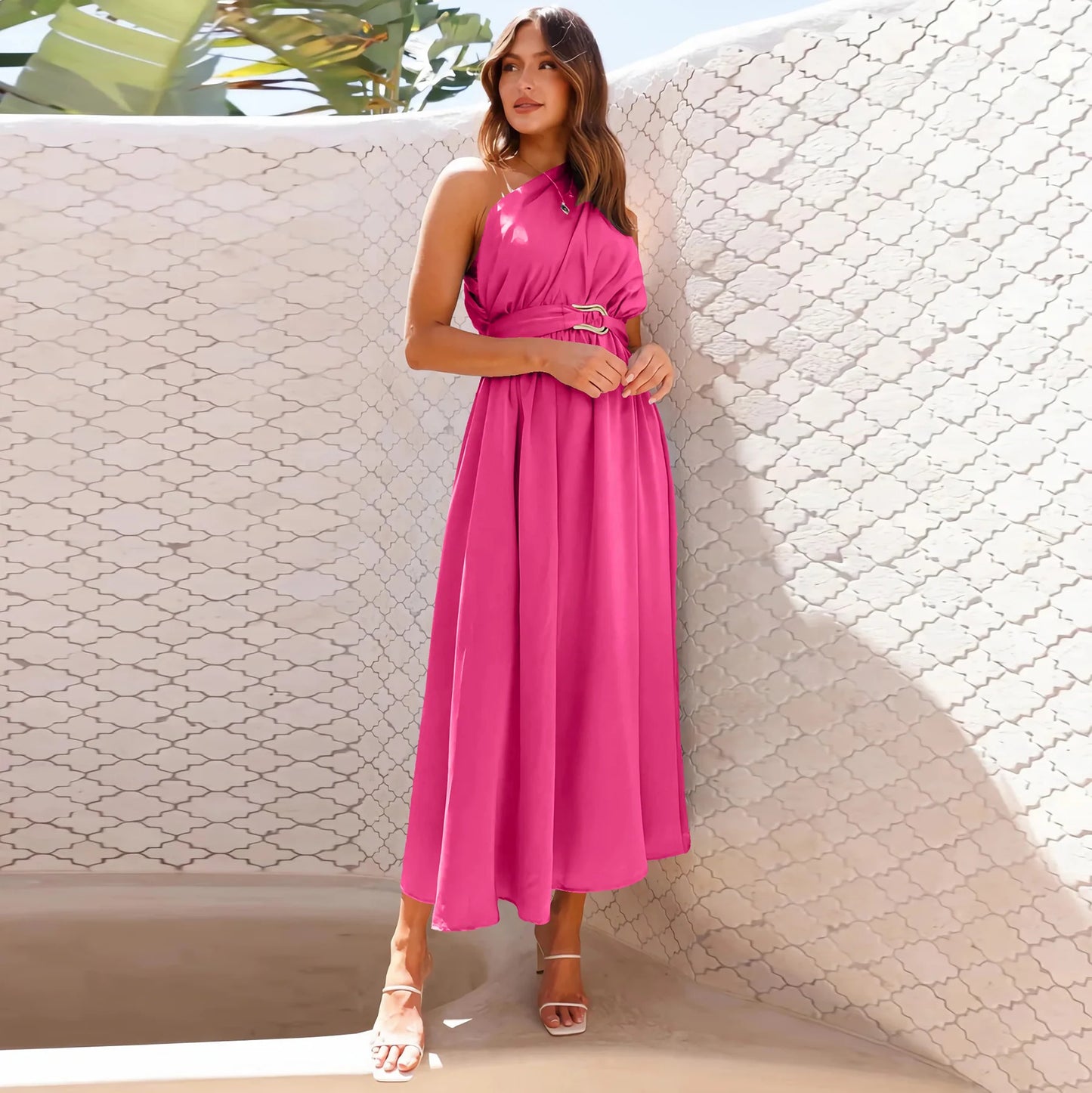 Maxi Dresses - Asymmetric Long Dress Cinched Waist and Sleeveless