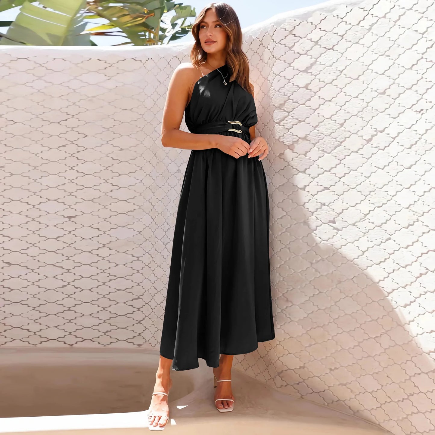 Maxi Dresses - Asymmetric Long Dress Cinched Waist and Sleeveless