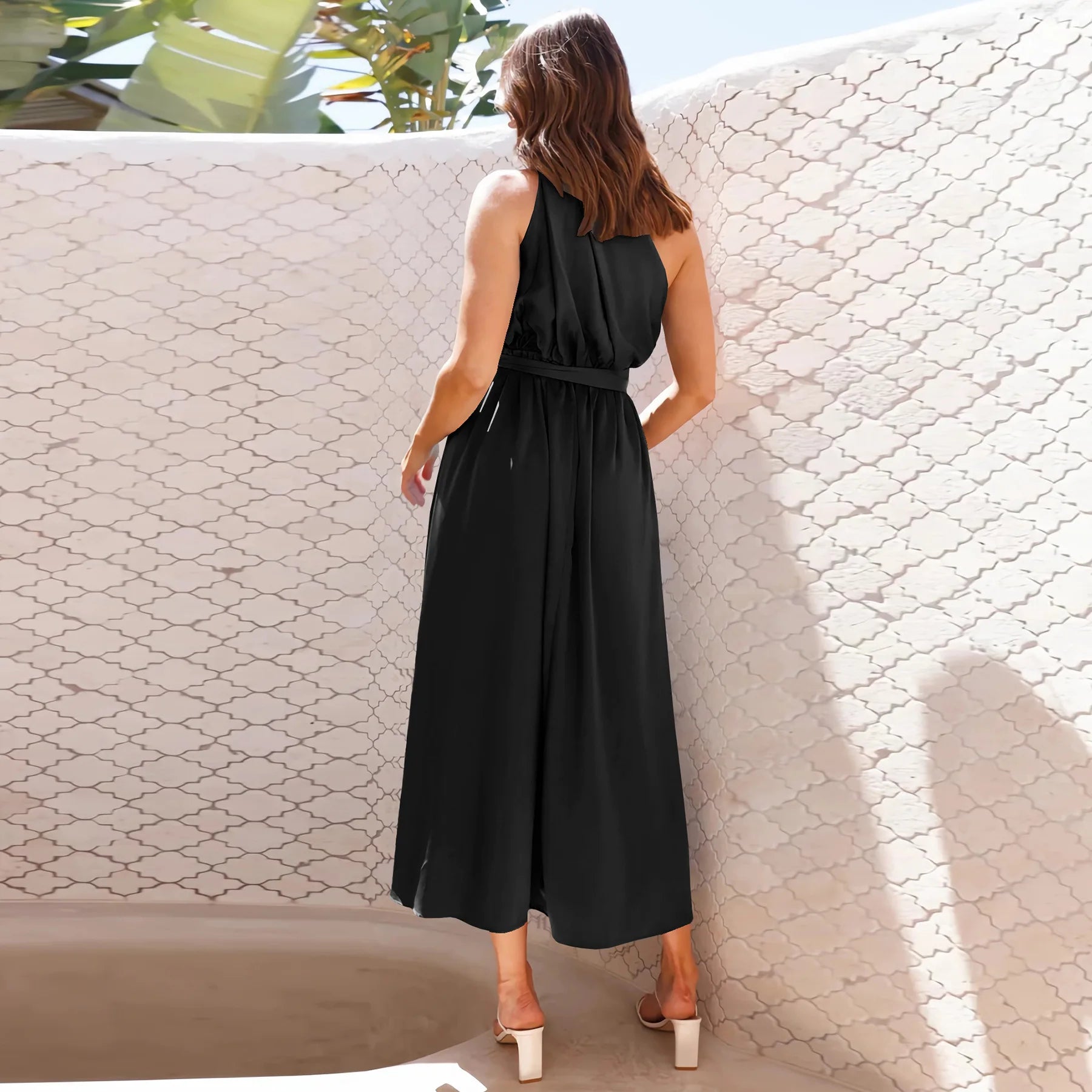 Maxi Dresses - Asymmetric Long Dress Cinched Waist and Sleeveless