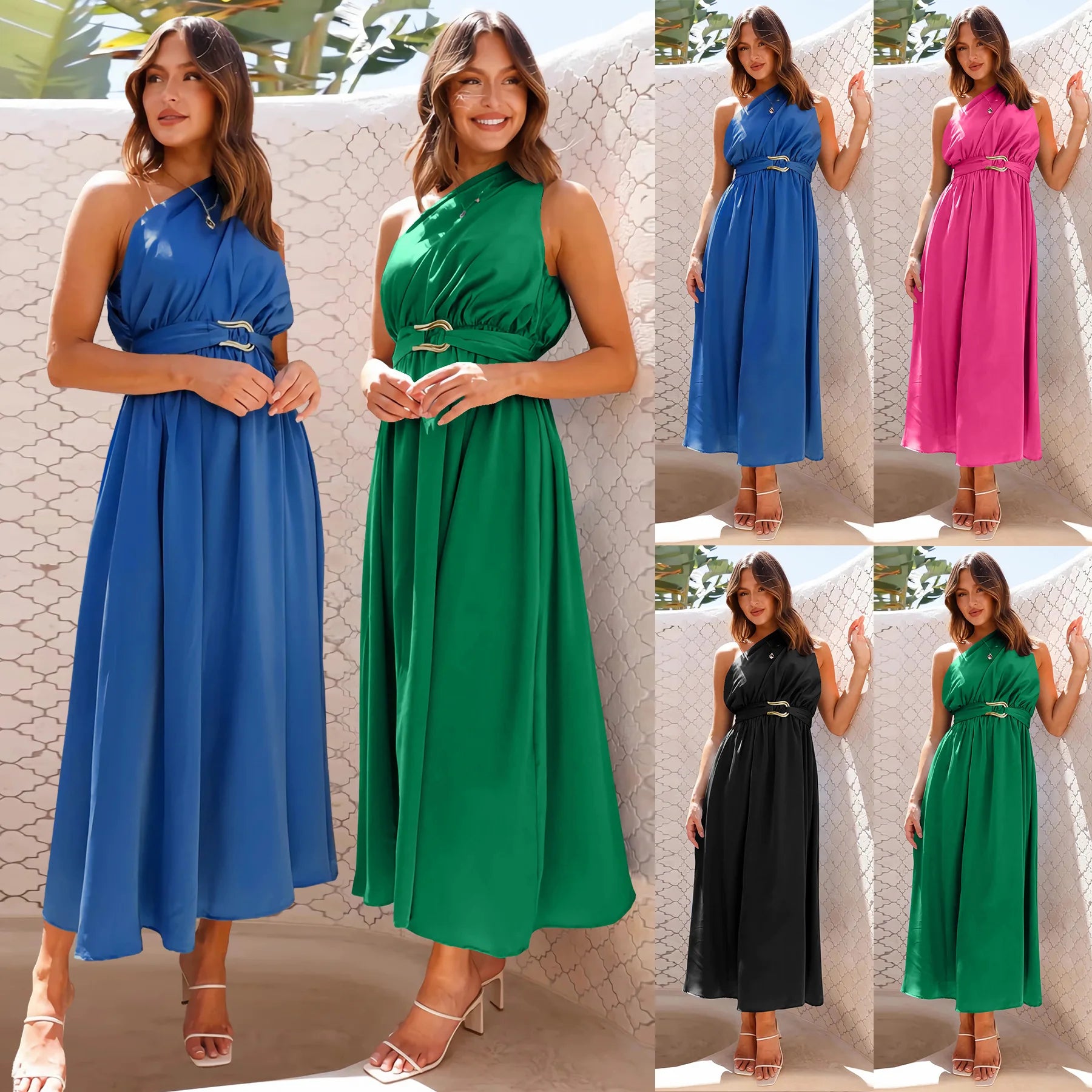 Maxi Dresses - Asymmetric Long Dress Cinched Waist and Sleeveless