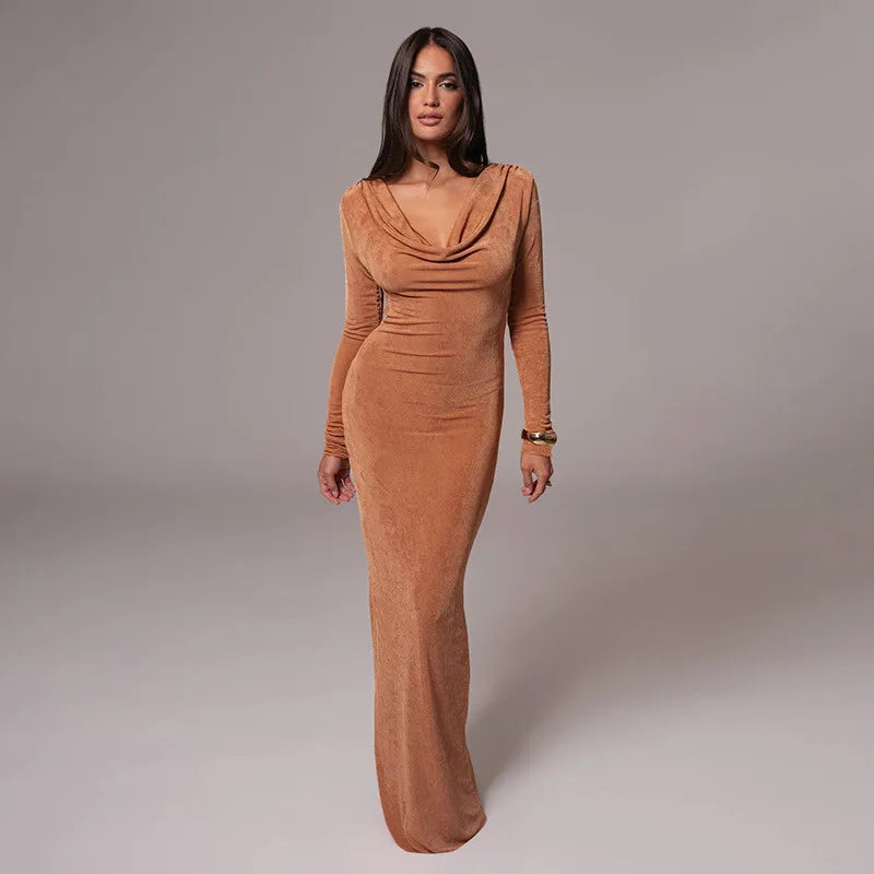 Maxi Dresses - Autumn Whisper Long Gown Cowl Back Evening Dress