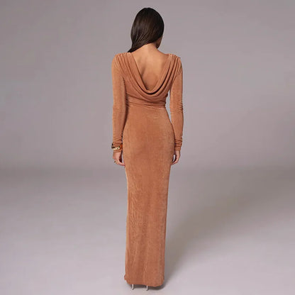 Maxi Dresses - Autumn Whisper Long Gown Cowl Back Evening Dress