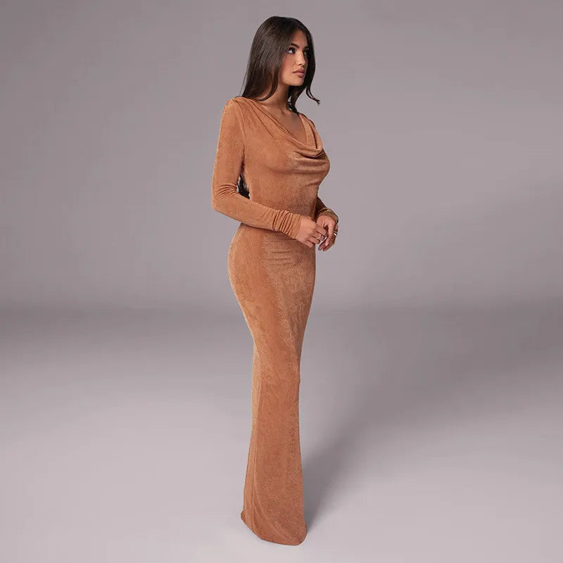 Maxi Dresses - Autumn Whisper Long Gown Cowl Back Evening Dress