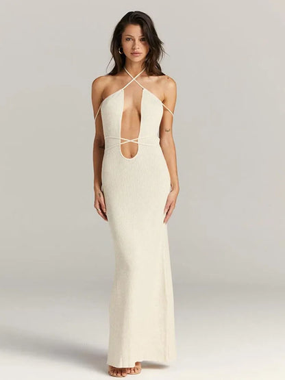 Maxi Dresses- Body-Hugging Plunge Maxi Dress for Anniversary Celebrations- White- Pekosa Women Fashion