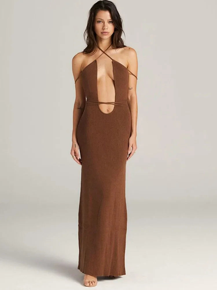 Maxi Dresses- Body-Hugging Plunge Maxi Dress for Anniversary Celebrations- Brown- Pekosa Women Fashion