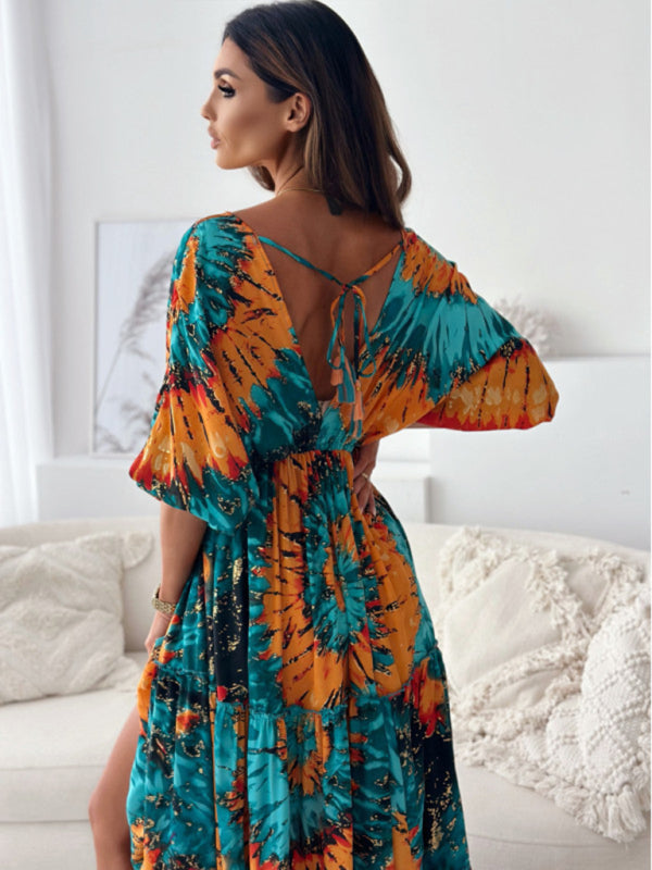 Maxi Dresses - Boho Floral Maxi Dress with Slit for Festivals