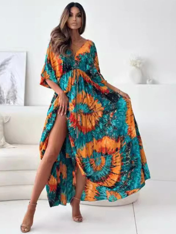 Maxi Dresses - Boho Floral Maxi Dress with Slit for Festivals