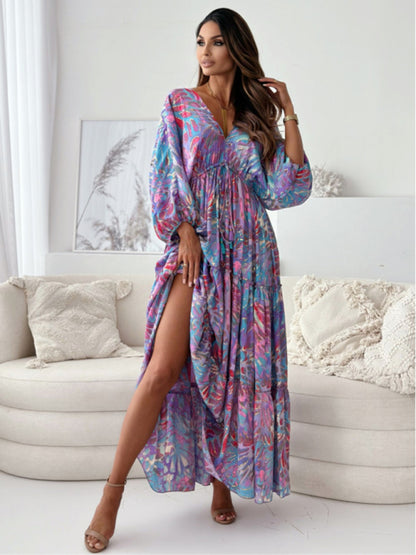 Maxi Dresses - Boho Floral Maxi Dress with Slit for Festivals