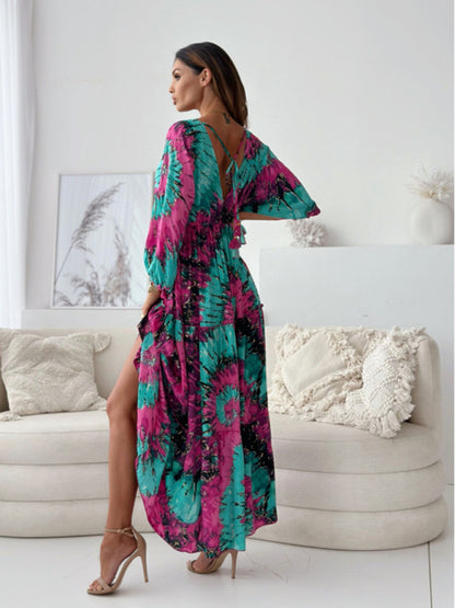 Maxi Dresses - Boho Floral Maxi Dress with Slit for Festivals