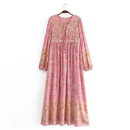 Maxi Dresses- Boho Free-flowing Floral Maxi Dress- Pink- Chuzko Women Clothing