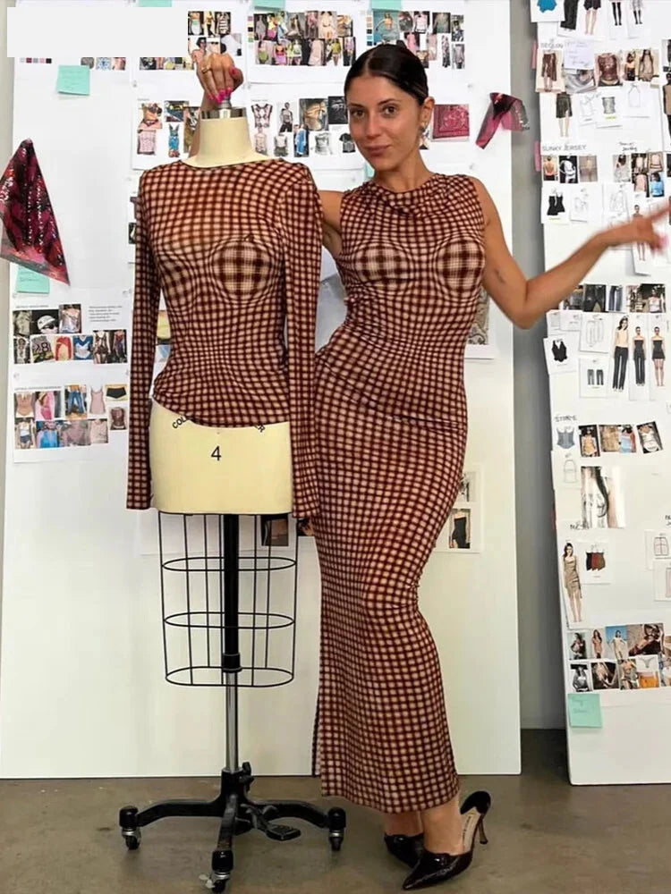 Maxi Dresses - Bold Gingham Backless Maxi Dress for Parties and Events