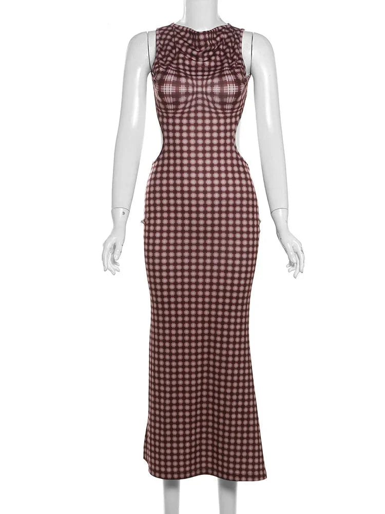 Maxi Dresses - Bold Gingham Backless Maxi Dress for Parties and Events