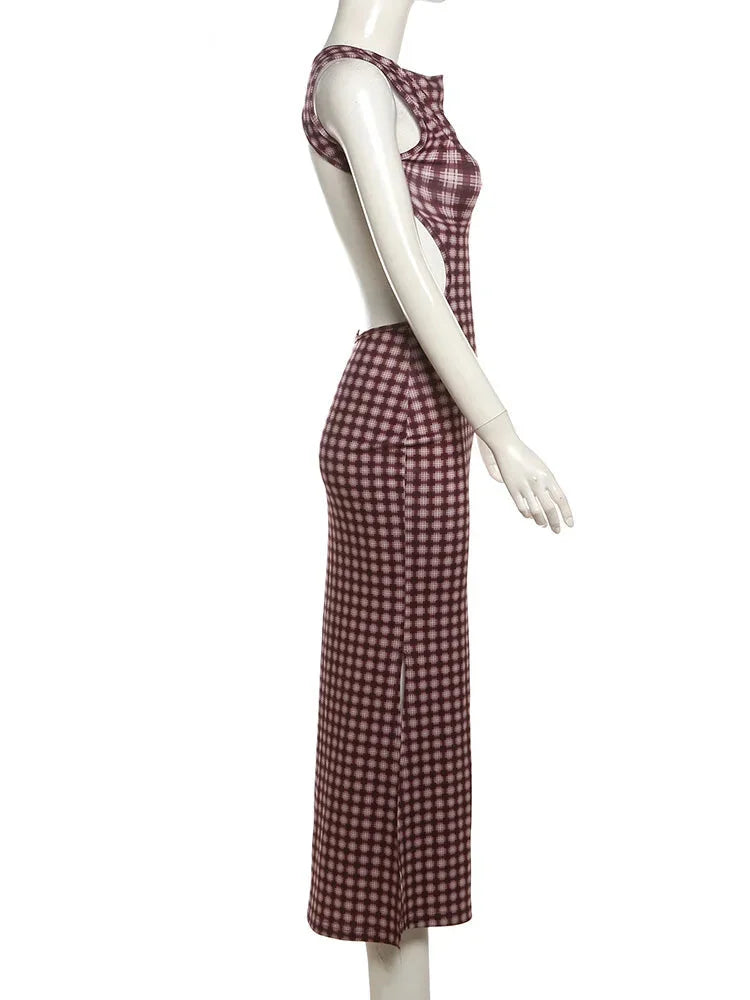 Maxi Dresses - Bold Gingham Backless Maxi Dress for Parties and Events