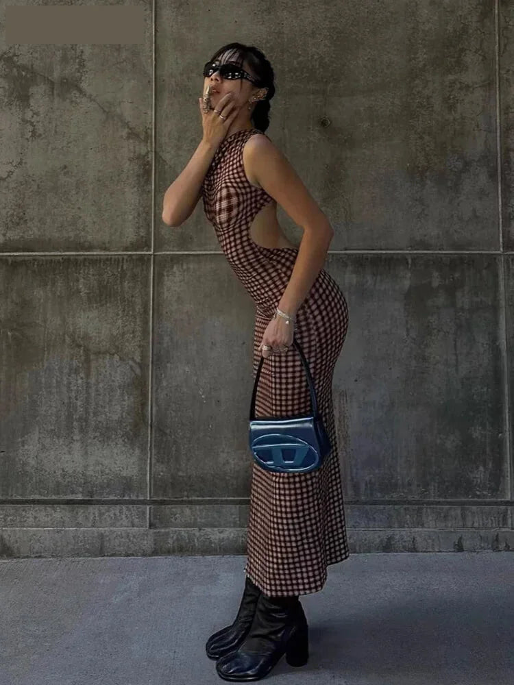 Maxi Dresses - Bold Gingham Backless Maxi Dress for Parties and Events