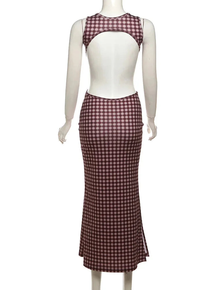 Maxi Dresses - Bold Gingham Backless Maxi Dress for Parties and Events