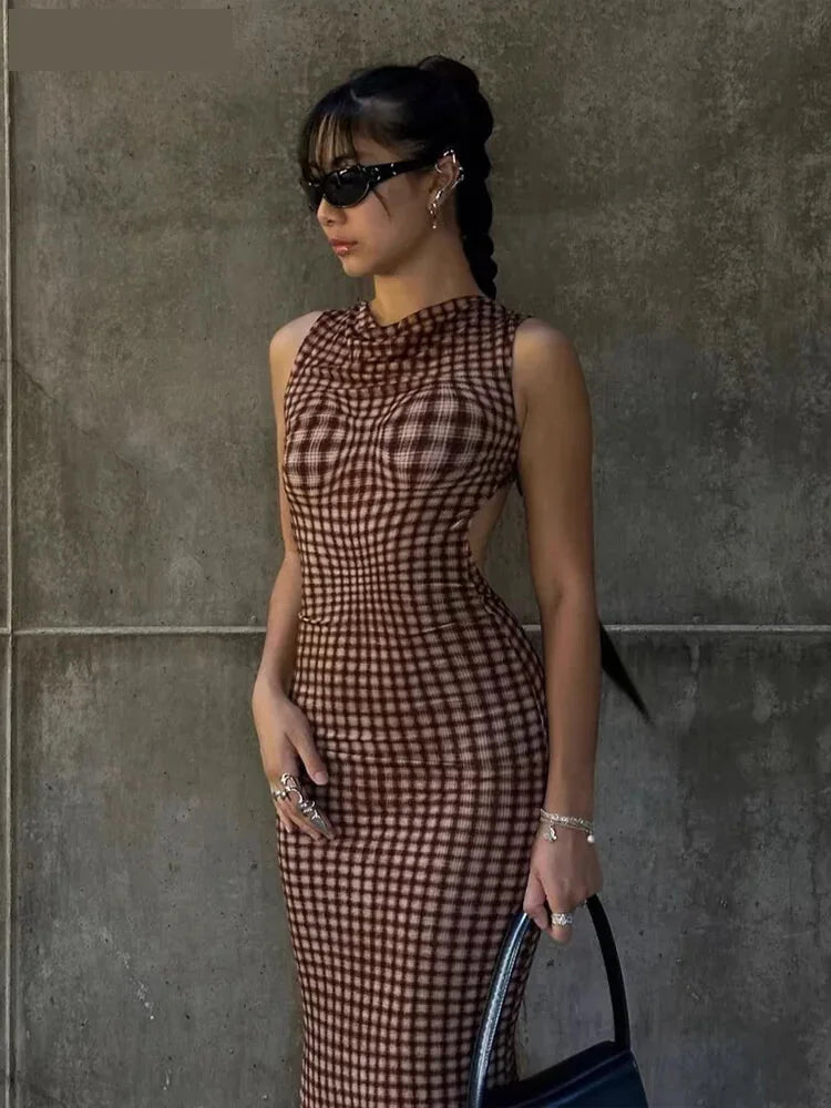 Maxi Dresses - Bold Gingham Backless Maxi Dress for Parties and Events