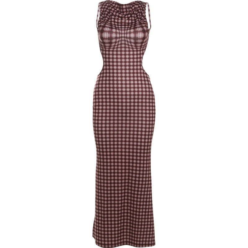 Maxi Dresses - Bold Gingham Backless Maxi Dress for Parties and Events