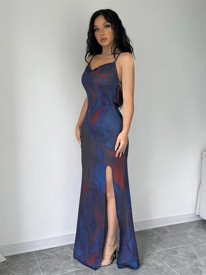 Maxi Dresses- Cocktail Abstract Print Cowl-Back Slit Dress- - Pekosa Women Fashion