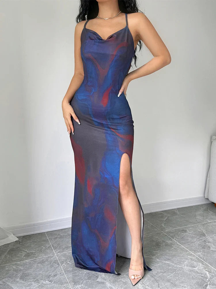 Maxi Dresses- Cocktail Abstract Print Cowl-Back Slit Dress- - Pekosa Women Fashion