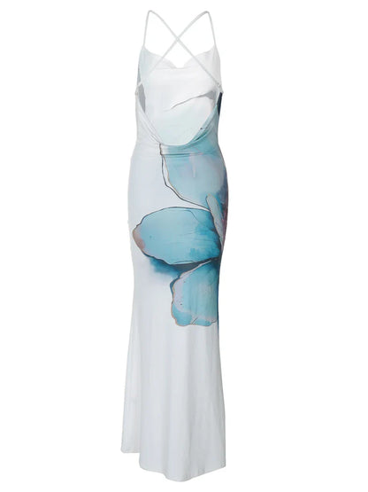 Maxi Dresses- Cocktail Abstract Print Cowl-Back Slit Dress- - Pekosa Women Fashion