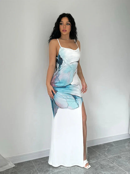 Maxi Dresses- Cocktail Abstract Print Cowl-Back Slit Dress- - Pekosa Women Fashion