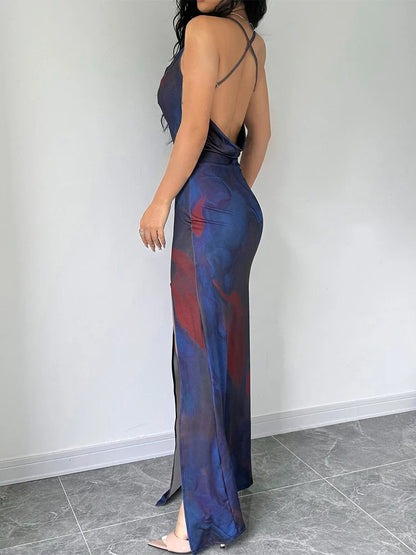 Maxi Dresses- Cocktail Abstract Print Cowl-Back Slit Dress- - Pekosa Women Fashion