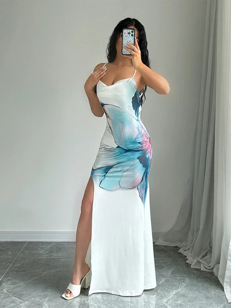 Maxi Dresses- Cocktail Abstract Print Cowl-Back Slit Dress- - Pekosa Women Fashion