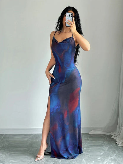 Maxi Dresses- Cocktail Abstract Print Cowl-Back Slit Dress- Blue- Pekosa Women Fashion