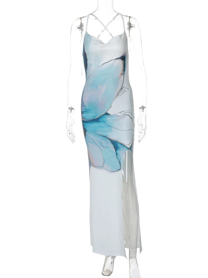 Maxi Dresses- Cocktail Abstract Print Cowl-Back Slit Dress- - Pekosa Women Fashion