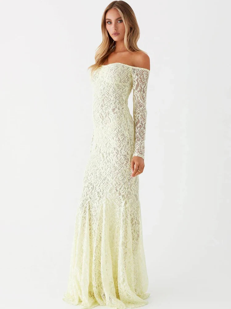 Maxi Dresses- Elegant Lace Off-Shoulder Maxi Dress