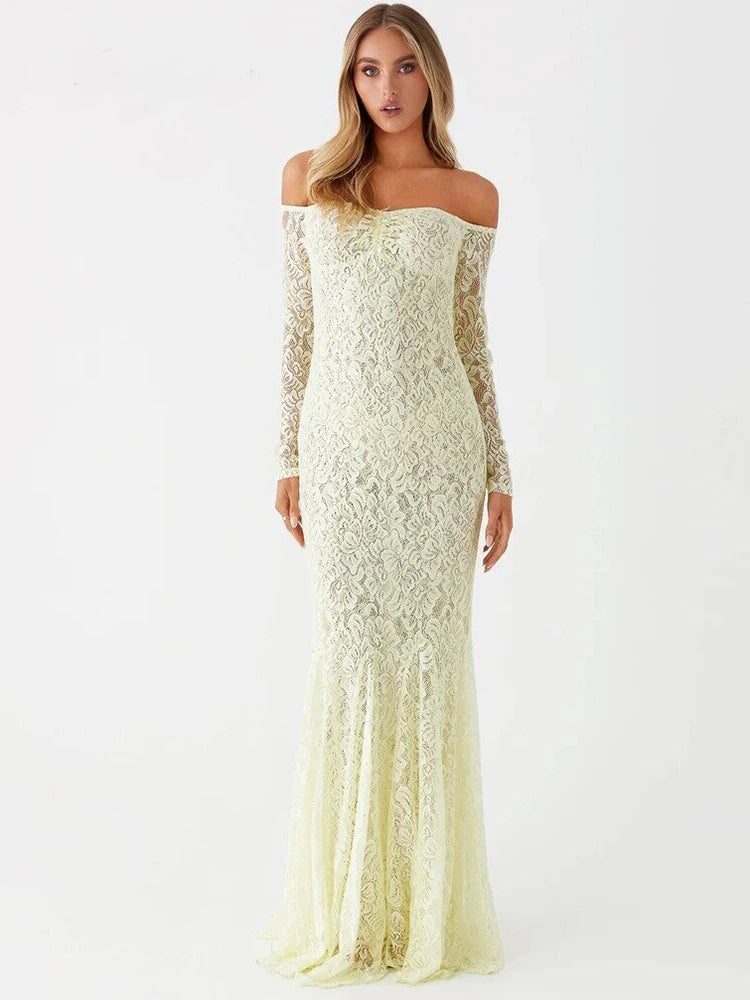 Maxi Dresses- Elegant Lace Off-Shoulder Maxi Dress