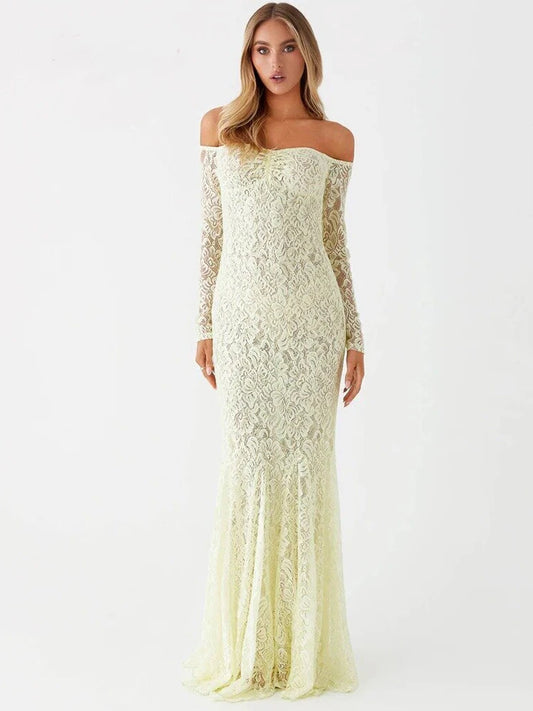 Maxi Dresses- Elegant Lace Off-Shoulder Maxi Dress