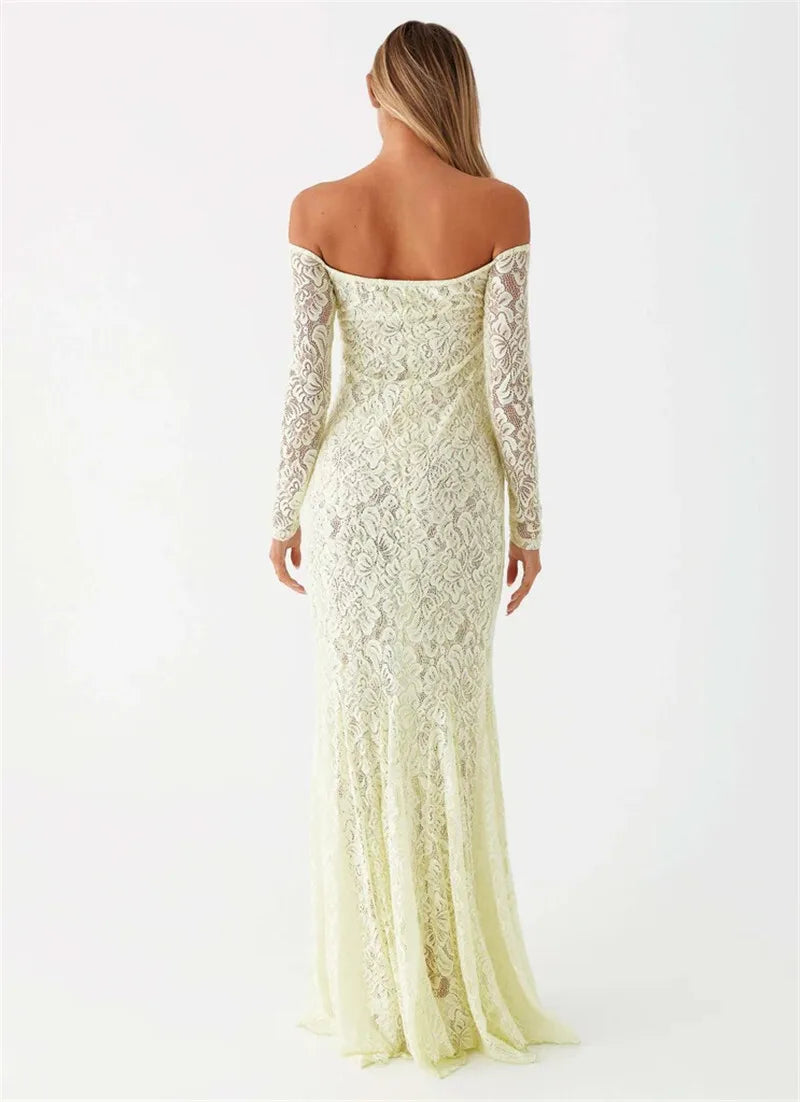 Maxi Dresses- Elegant Lace Off-Shoulder Maxi Dress