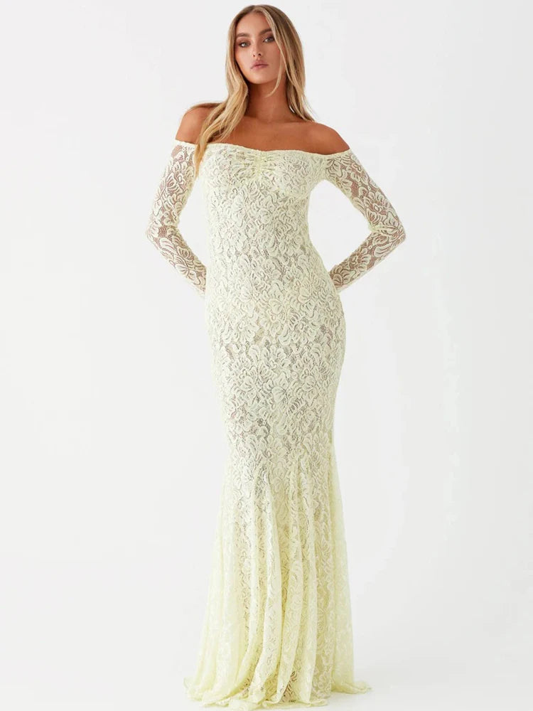 Maxi Dresses- Elegant Lace Off-Shoulder Maxi Dress