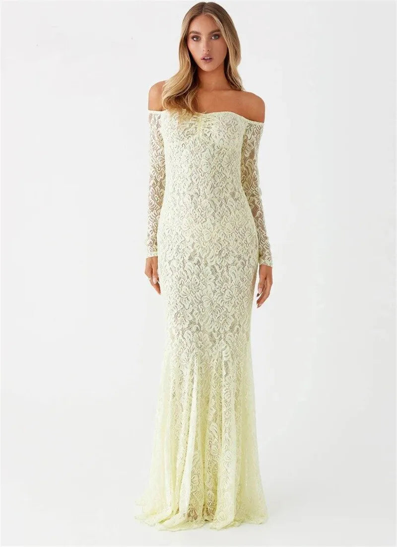 Maxi Dresses- Elegant Lace Off-Shoulder Maxi Dress