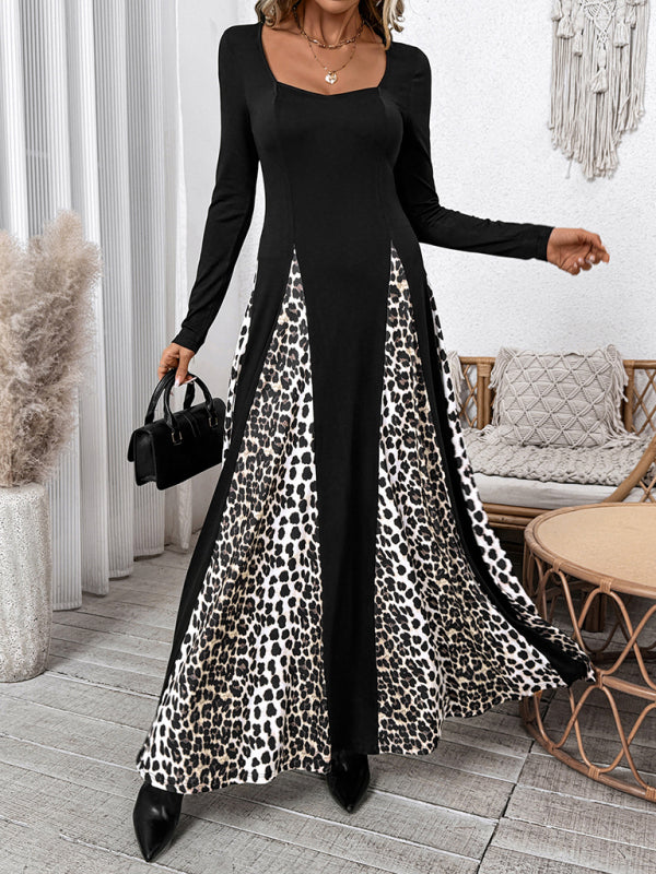 Maxi Dresses - Elegant Leopard Panel Maxi Dress for Winter Events