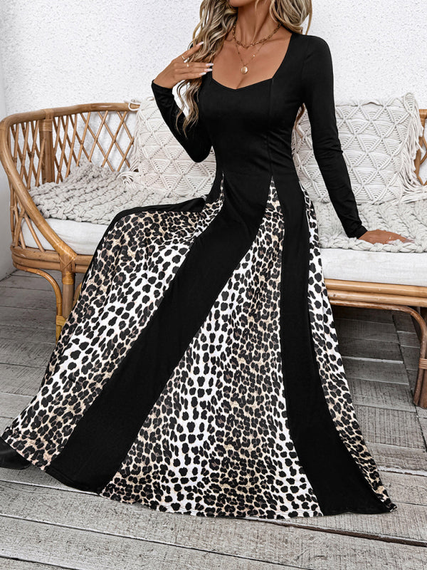 Maxi Dresses - Elegant Leopard Panel Maxi Dress for Winter Events