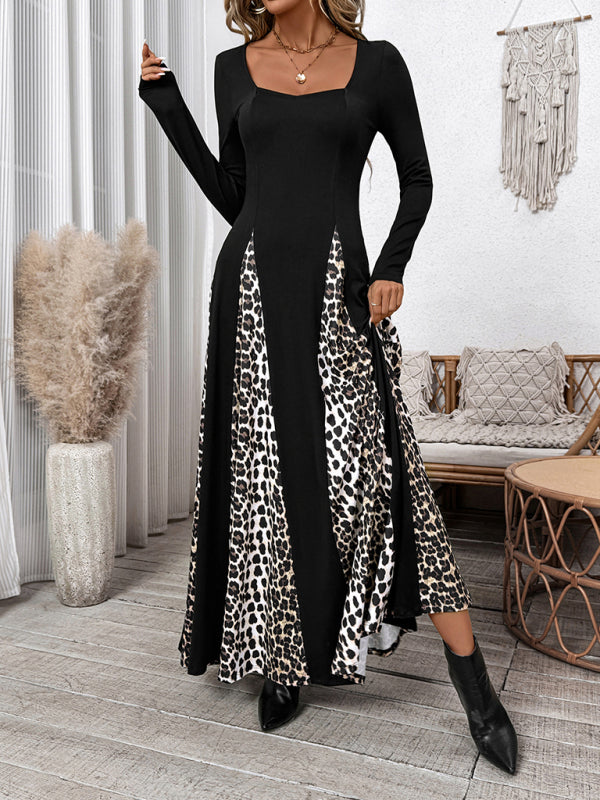 Maxi Dresses - Elegant Leopard Panel Maxi Dress for Winter Events