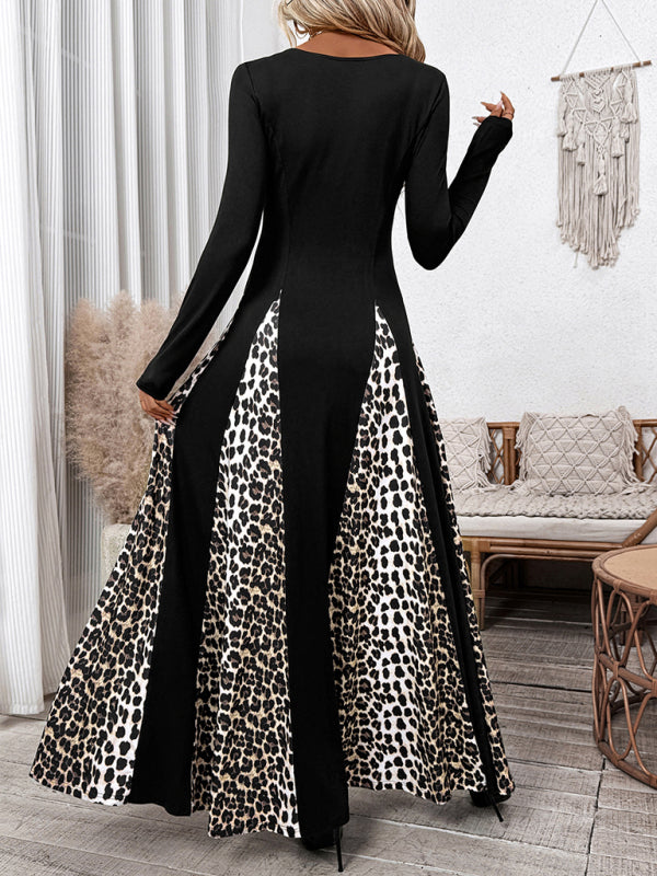 Maxi Dresses - Elegant Leopard Panel Maxi Dress for Winter Events